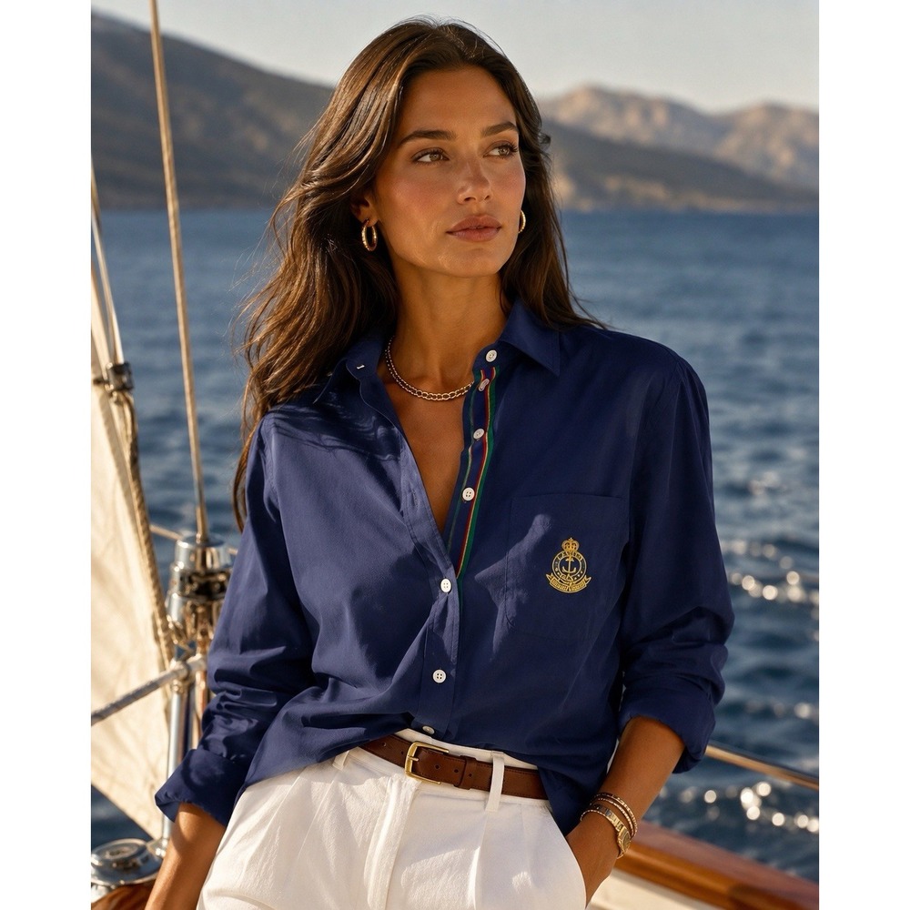 Lauren Ralph Lauren Navy Blouse Sz 6 Gold Anchor Crest Cotton Nautical Button RL